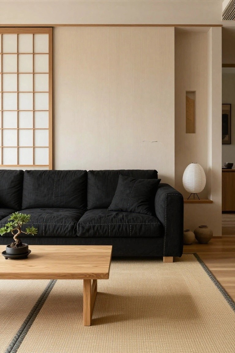 Modern minimalist living room with black linen sofa, oak coffee table holding a bonsai tree, shoji screen divider, white paper lantern, and light wood floors.