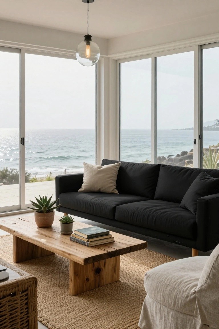 Modern living room with black L-shaped sofa, wooden coffee table holding books and potted plants, beige armchair on seagrass rug, pendant light, and large sliding glass doors overlooking the ocean and rocks.