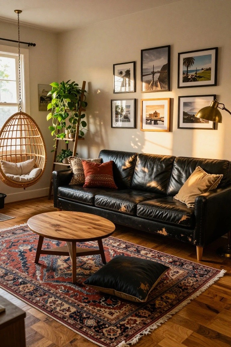 Sunlit living room with black leather sofa, round wooden coffee table on patterned rug, wicker hanging chair with cushions and plants, colorful throw pillows, and black-framed photos on white walls.