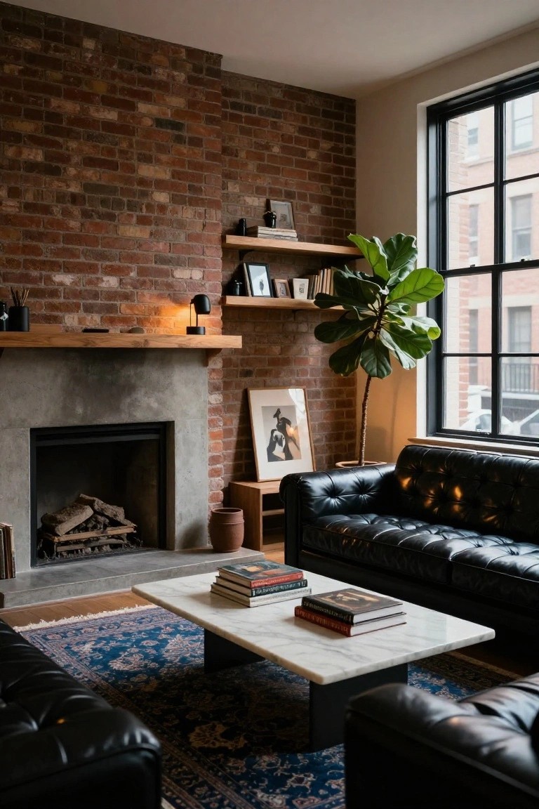 Living room corner with exposed brick walls, concrete fireplace with firewood, black leather tufted sofas, white marble coffee table with stacked books, wooden shelves, large potted fiddle leaf fig plant, and large window.