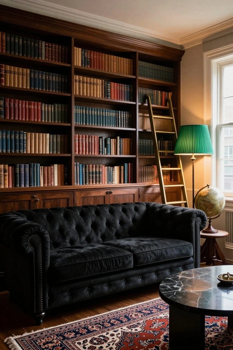 Wood-paneled library room with tall bookshelves filled with books, a black tufted velvet sofa, library ladder, green lamp, globe on a pedestal, marble side table, and Persian rug.
