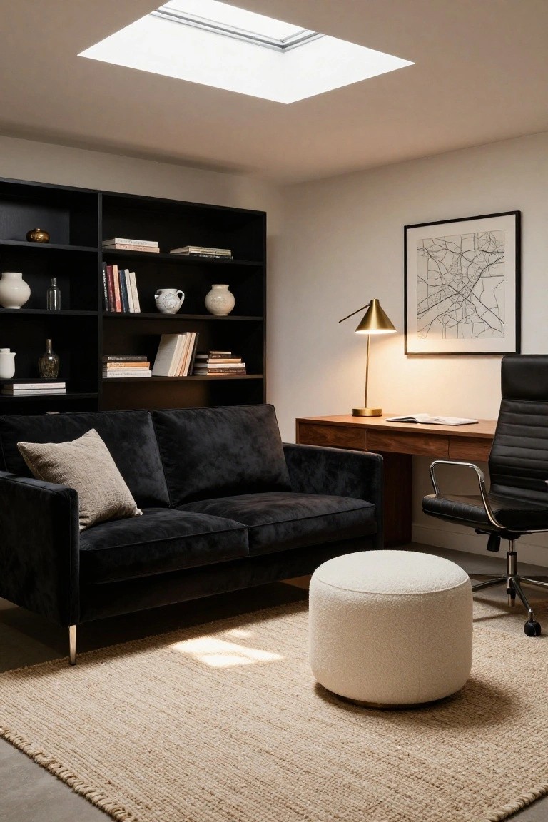Modern home office interior with black velvet two-seater sofa next to wooden desk and black leather office chair, black bookshelves filled with books and ceramics, gold lamp, and skylight overhead.