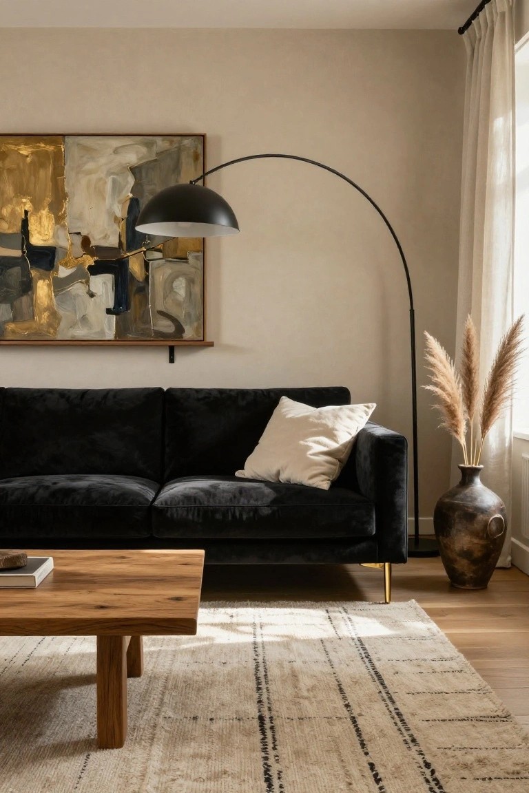 Living room with black velvet sofa on gold legs, wooden coffee table, black arc floor lamp, abstract painting on wall shelf, pampas grass in terracotta vase, white pillow, striped rug, beige walls, curtains, and hardwood floors.
