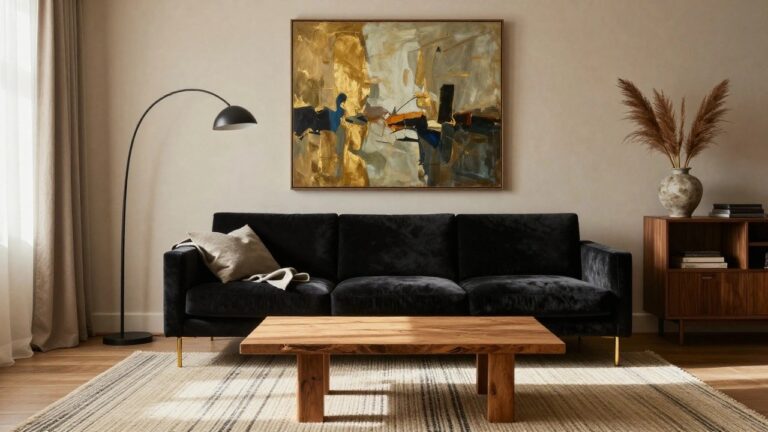 Living room with black velvet sofa on gold legs, wooden coffee table, black arc floor lamp, abstract painting on wall shelf, pampas grass in terracotta vase, white pillow, striped rug, beige walls, curtains, and hardwood floors.
