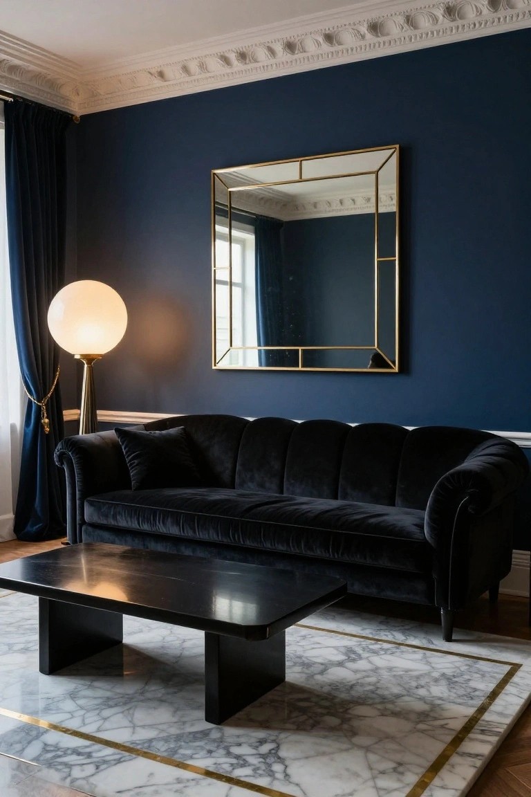 Navy blue living room with black velvet tufted sofa, black coffee table, large gold-framed mirror on wall, white globe lamp on gold stand, navy drapes, and marble rug with gold border.