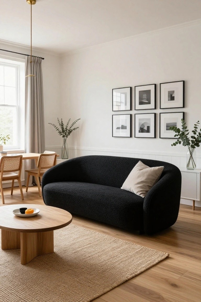 Curved black bouclé sofa in a light living room with white walls, black and white photo frames, wooden dining table and chairs, oak coffee table holding a plate, beige rug, and eucalyptus in glass vases near a window.