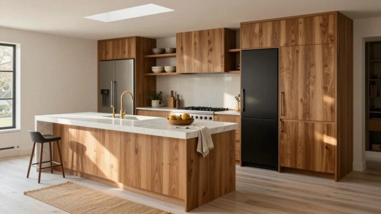 18 Natural Wood Luxury Kitchen Ideas That Feel Organic and Expensive Kitchen interior with light walls and oak wood cabinets, a central light oak wood island topped with white marble countertop and gold faucet, open wooden shelving, and a wooden stool.