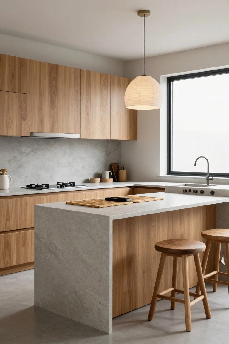 Modern kitchen with light oak wood cabinets on walls and island, white gray-veined stone countertops and backsplash, wooden bar stools, pendant lamp, and large window.