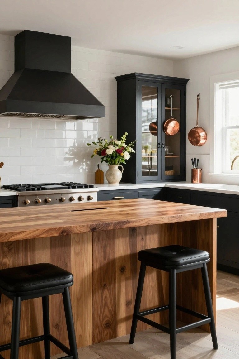 Kitchen interior with black range hood over stainless steel range, white subway tile backsplash, dark cabinets with glass doors, wooden island countertop and base with two black leather stools, copper pots and utensils.