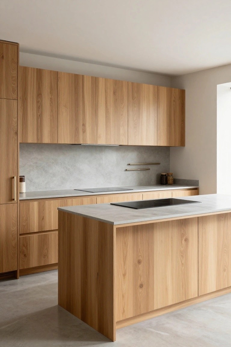 Modern kitchen interior with tall light oak veneer cabinets, central freestanding island with white concrete countertop and black induction cooktop, gray veined backsplash, brass handles, and polished concrete floor.