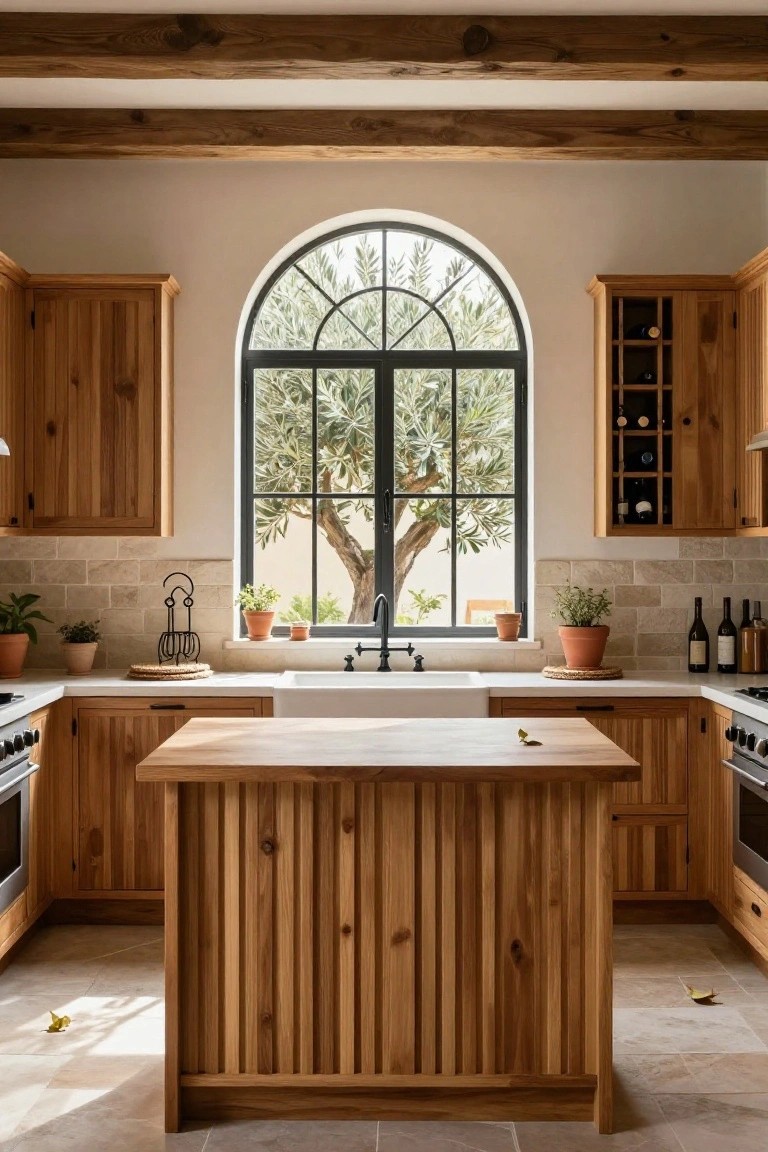 Sunlit kitchen with warm wood cabinets, central slatted wood island, white countertops, farmhouse sink, beige brick backsplash, arched black-framed window overlooking olive tree, potted plants, and wine bottles.