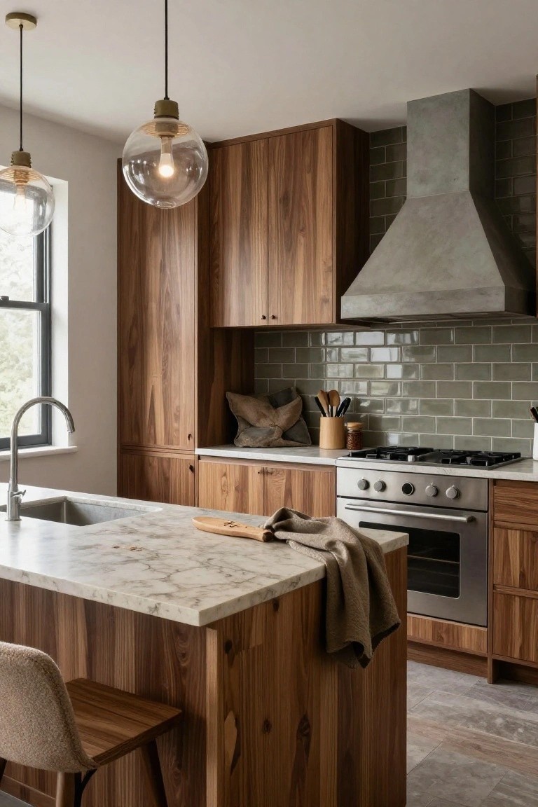 Contemporary kitchen with walnut wood cabinets and island, white veined marble countertops, sage green subway tile backsplash, concrete range hood, gas cooktop, and two brass-trimmed glass pendant lights.
