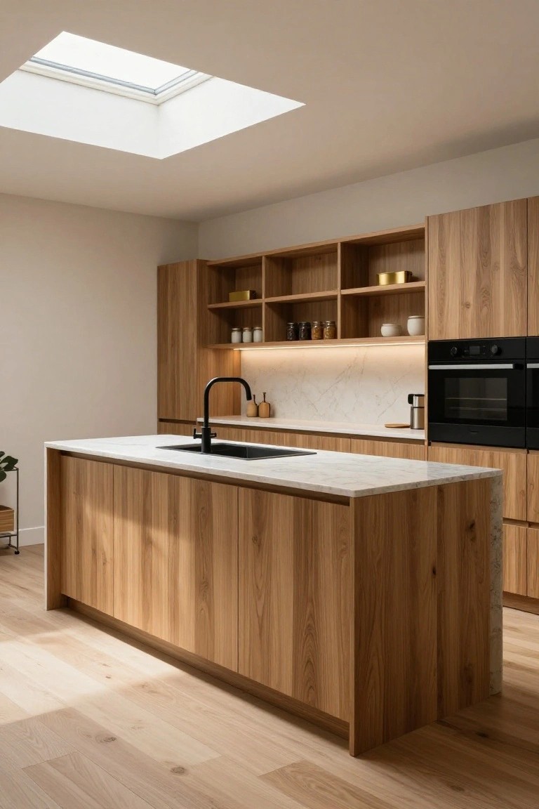 Modern kitchen with light oak wood cabinets, large central island topped with white marble and black faucet, under a skylight with beige walls and wood flooring.