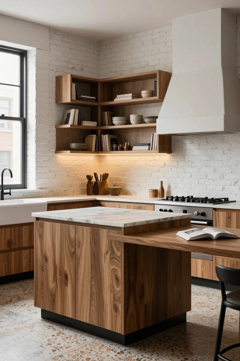 A modern kitchen with a large central island made of dark-grained wood, surrounded by matching wood cabinets, white brick walls, a white range hood, and terrazzo flooring.