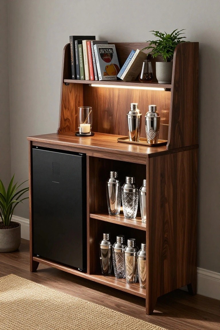 Wooden bar hutch with open upper shelves holding books, plants, glassware, shakers, and bottles, LED underlighting, countertop with glass, candle, and silver tray, and lower section with black mini-fridge and more stored barware.