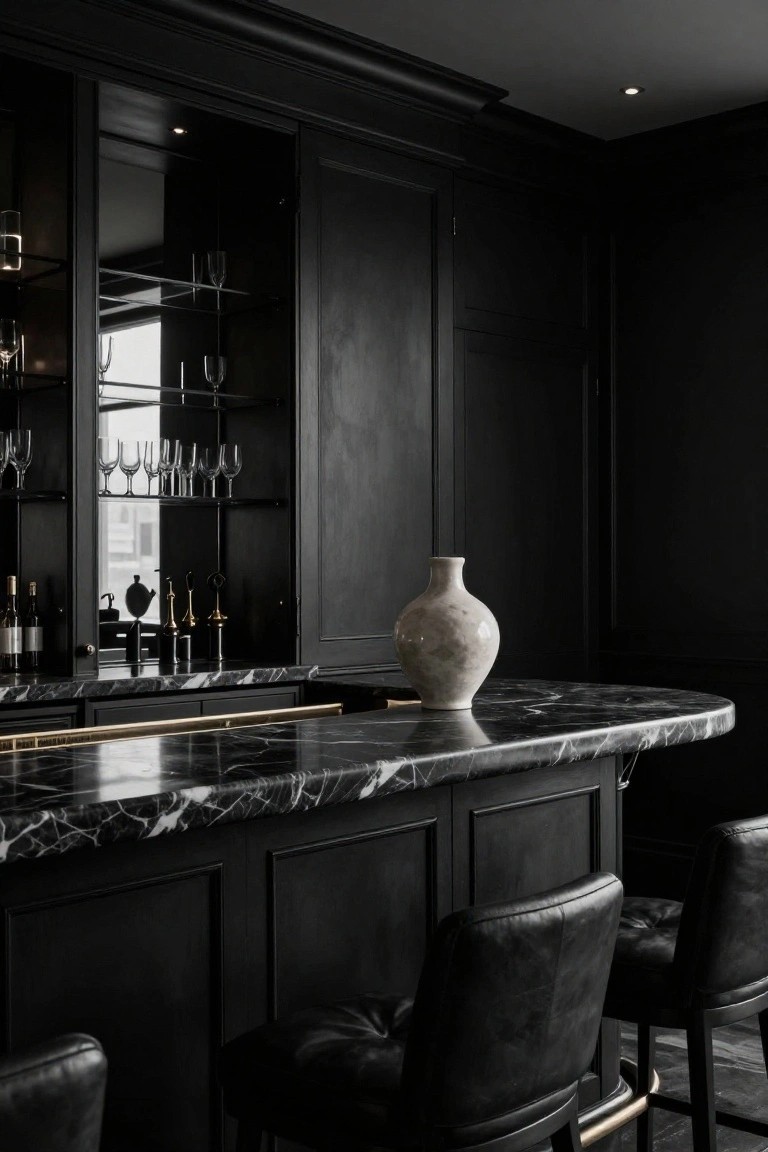 Curved black marble bar countertop with black paneled wood cabinetry, brass hardware, black leather bar stools, glassware shelves, and a white ceramic vase in a dark interior room.