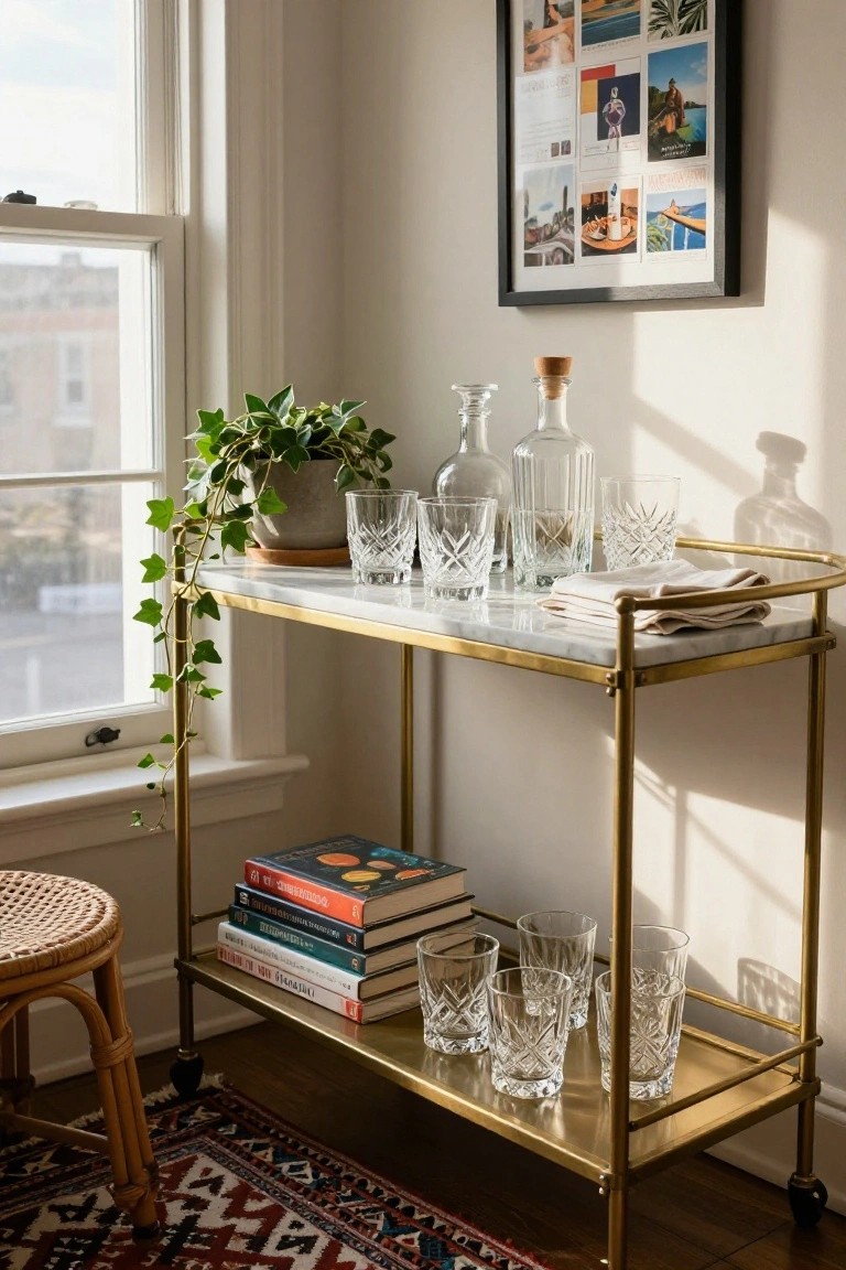 Brass bar cart with white marble top in a sunlit room corner, displaying cut crystal glasses, glass bottles, stacked books, and a linen napkin, next to a potted ivy plant, rattan stool, and window.