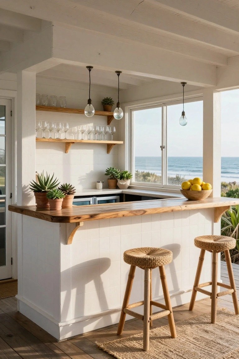 White shiplap bar area featuring a live-edge wooden countertop, woven rattan stools, open wooden shelves with glassware, potted plants, a small fridge, and large windows overlooking the ocean and beach.