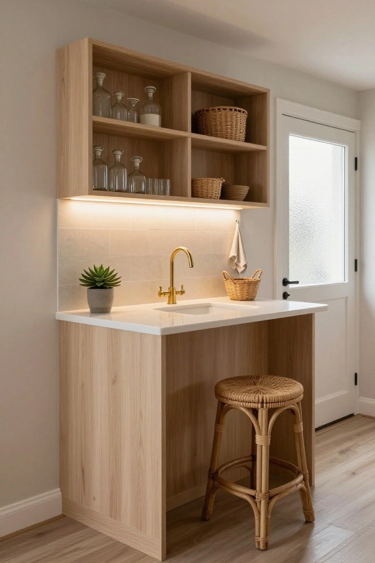 Compact indoor bar area featuring light oak upper cabinets with glassware and baskets, white countertop with gold faucet and sink, small potted plant, rattan stool, and white door with frosted glass panel.