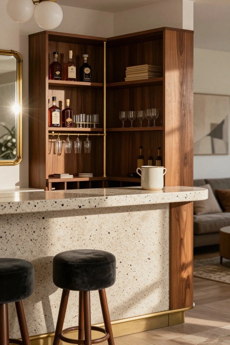 Wooden corner bar cabinet with open shelves holding liquor bottles and glasses, brass hanging rod, white quartz countertop, and two black velvet stools in a modern living space.