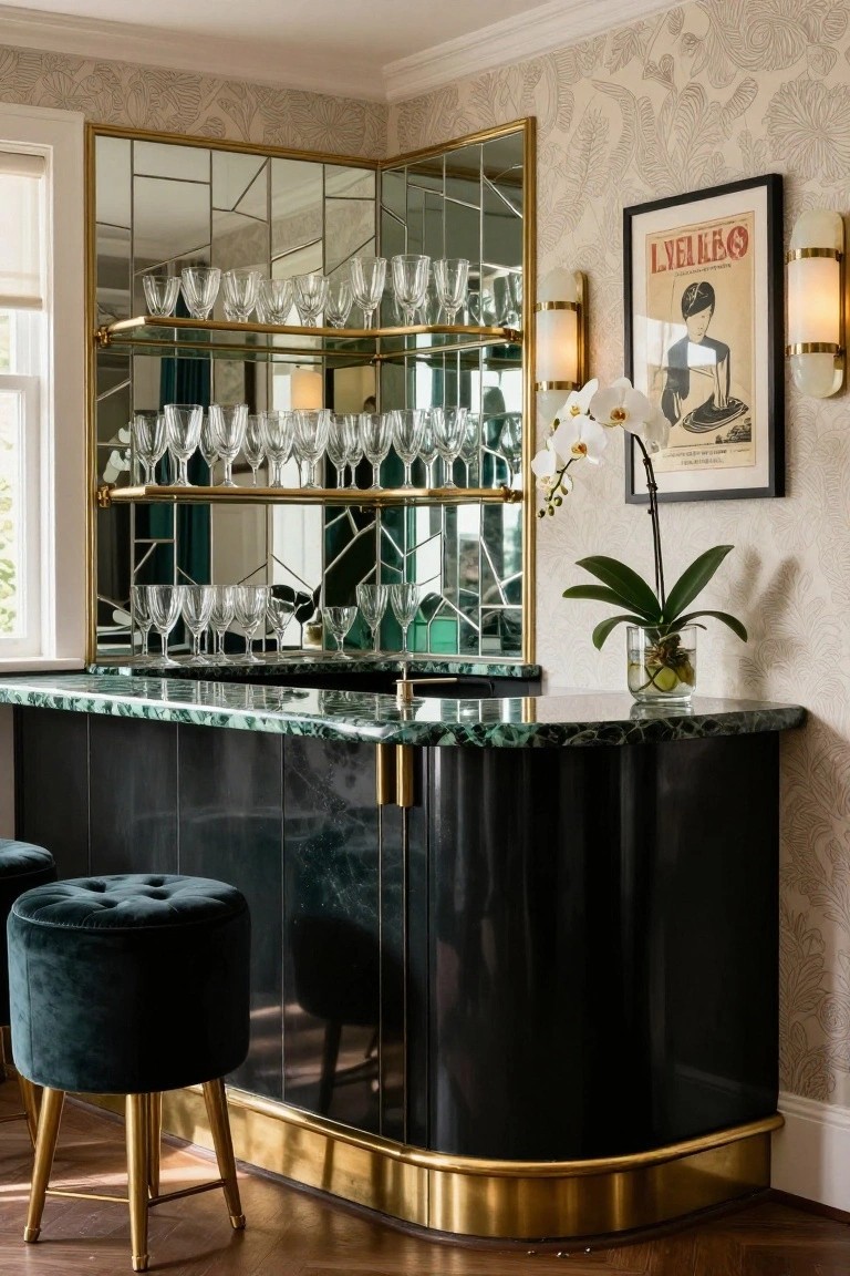 Curved black lacquer bar cabinet with green marble countertop, gold geometric mirrors and shelving displaying glassware, brass-accented velvet stools, and cream wallpaper in an interior room.