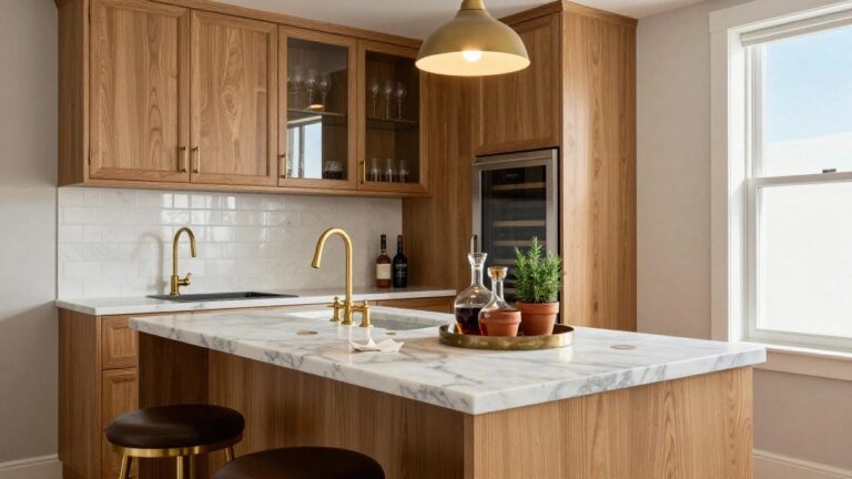 Wooden bar cabinetry with glass-front upper doors displaying glassware and dishes, marble countertop with brass gooseneck faucet and sink, built-in wine fridge, two leather bar stools on gold legs, and potted rosemary plant.
