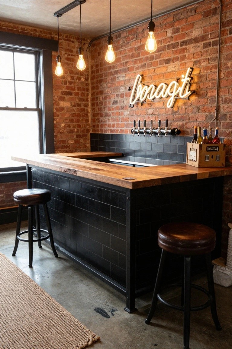 Home bar area with exposed brick wall, black metal bar structure topped by wooden counter, row of beer taps, neon sign reading Bragnati, wooden crates, bottles, and two stools on concrete floor.