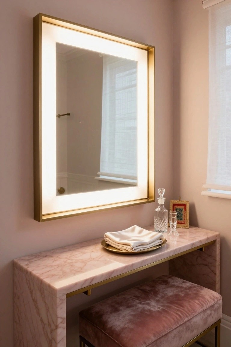 Illuminated gold-framed mirror above pink marble vanity with velvet stool.