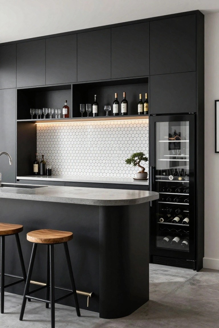 Modern kitchen bar area with matte black curved island countertop, wooden barstools, integrated wine fridge, white hexagonal tile backsplash, open shelving with wine bottles and glasses, and bonsai plant.
