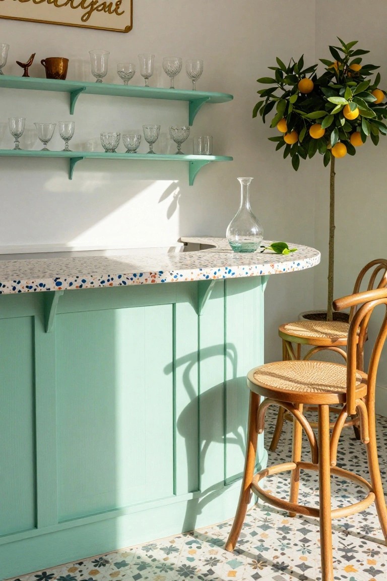 Curved mint green bar cabinet with terrazzo countertop, glassware on mint shelves above, glass carafe and lime leaf on top, two rattan stools, lemon tree, and patterned tile floor in a bright room.