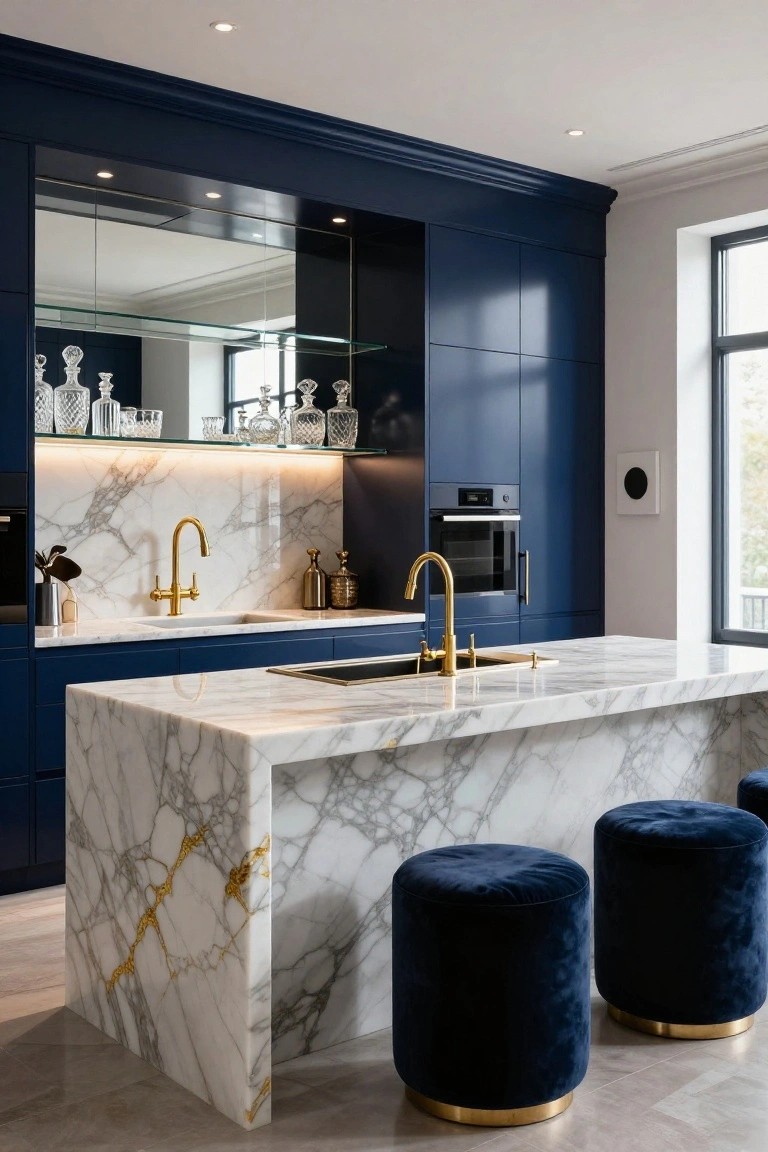 Kitchen with navy blue cabinets, white veined marble island, gold faucets, built-in oven, glassware display above, and two navy velvet stools at the island bar.