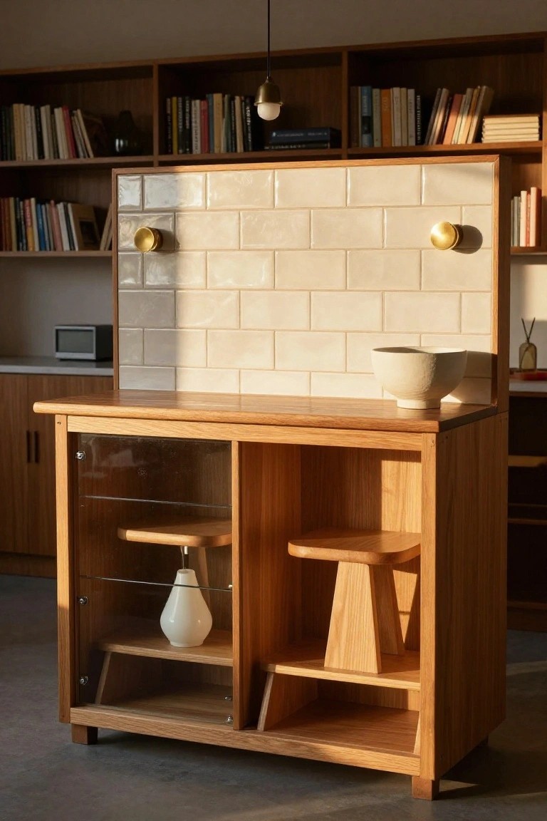 Wooden oak bar cabinet with glass-fronted storage doors displaying white ceramics, integrated triangular stools, beige subway tile backsplash, and surrounding wooden bookshelves in a sunlit interior room.