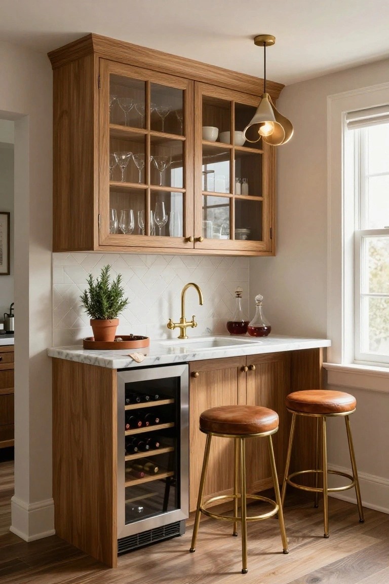 Wooden bar cabinetry with glass-front upper doors displaying glassware and dishes, marble countertop with brass gooseneck faucet and sink, built-in wine fridge, two leather bar stools on gold legs, and potted rosemary plant.