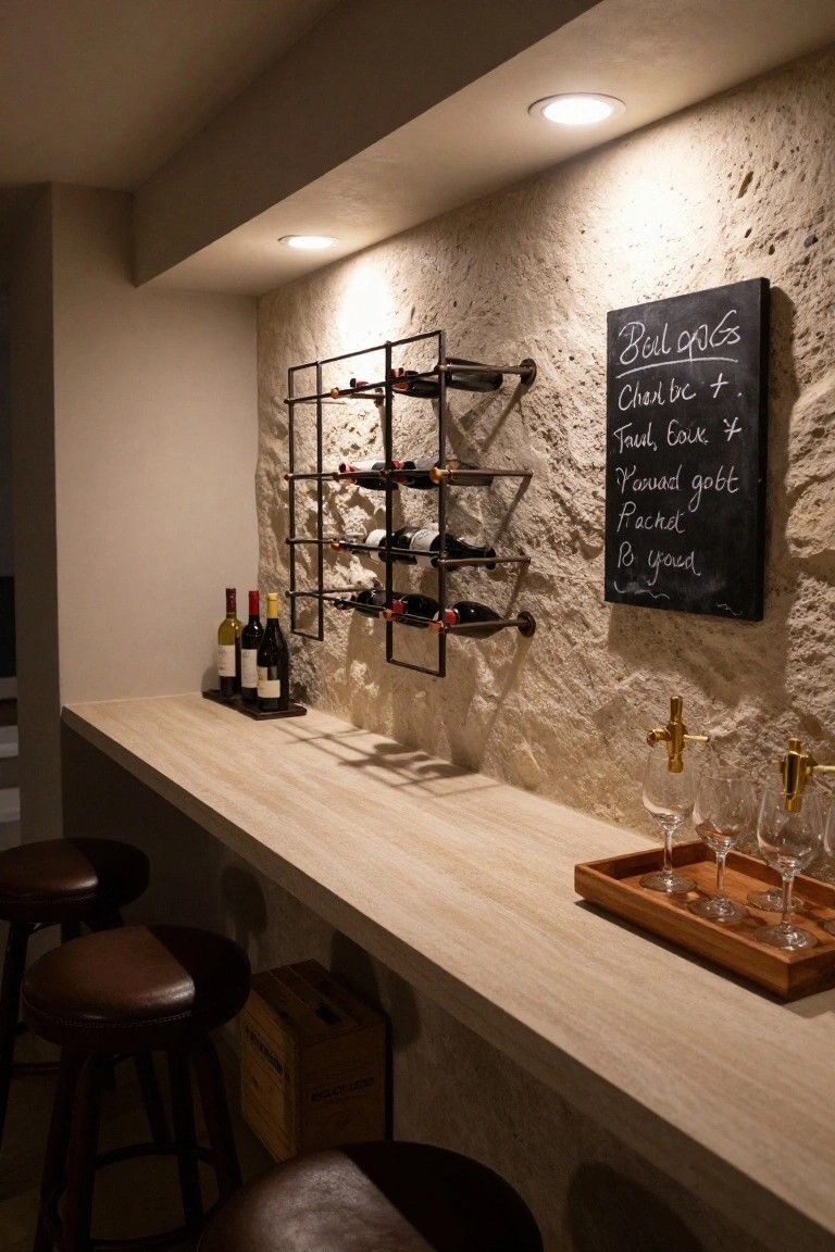 Home bar area with light wood countertop, three brown leather bar stools, black metal wall-mounted wine rack on beige textured stone wall holding multiple wine bottles, wooden tray of wine glasses, two freestanding wine bottles, chalkboard menu, and wooden crate beside the counter.