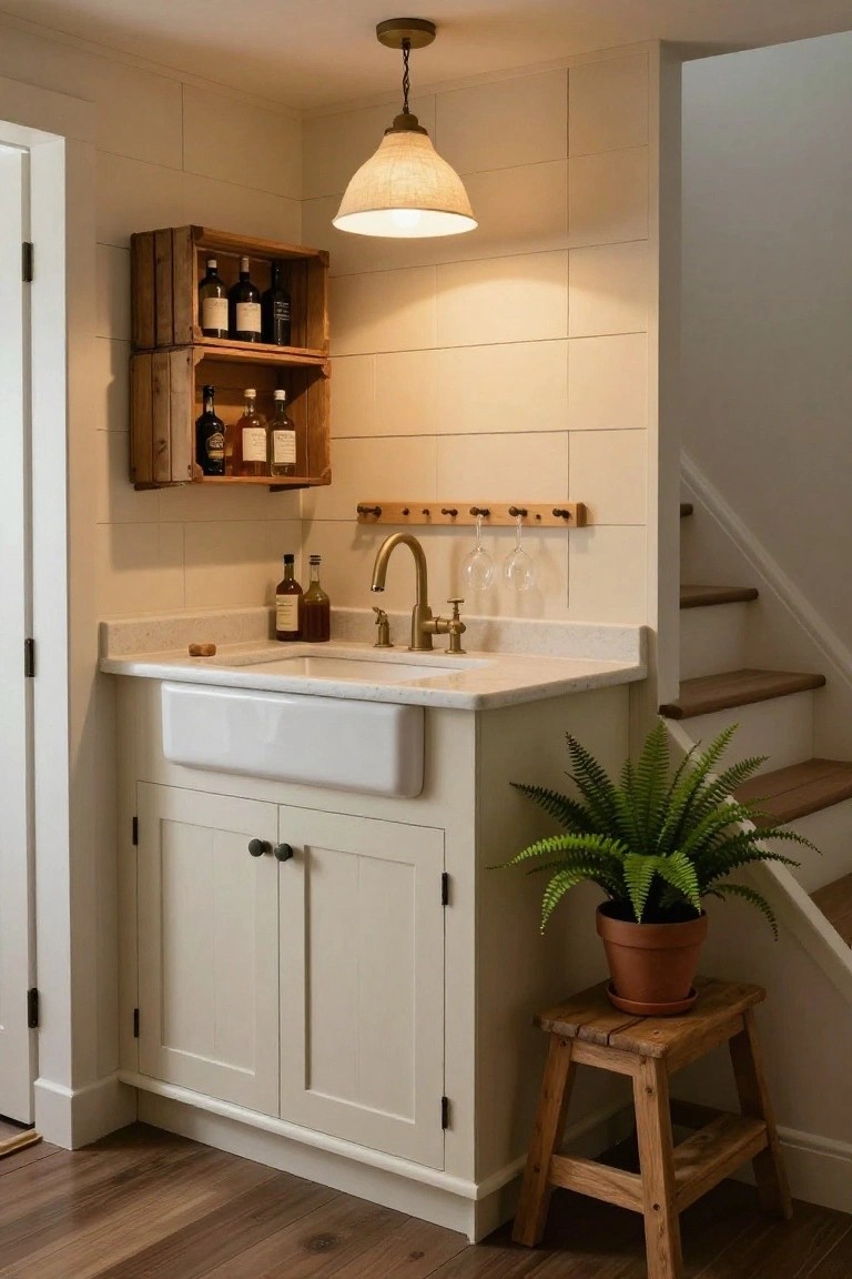 Small indoor corner bar area with two stacked wooden crates on the wall holding assorted wine and liquor bottles, white farmhouse sink with brass faucet below, hanging wine glasses on a wooden rack, potted fern on a wooden stool, and wooden stairs adjacent.