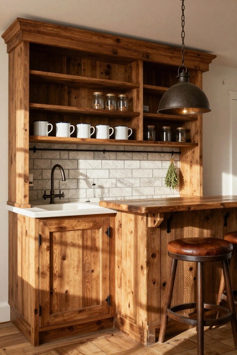 Rustic wooden kitchen with open shelves, white sink, and leather bar stool.