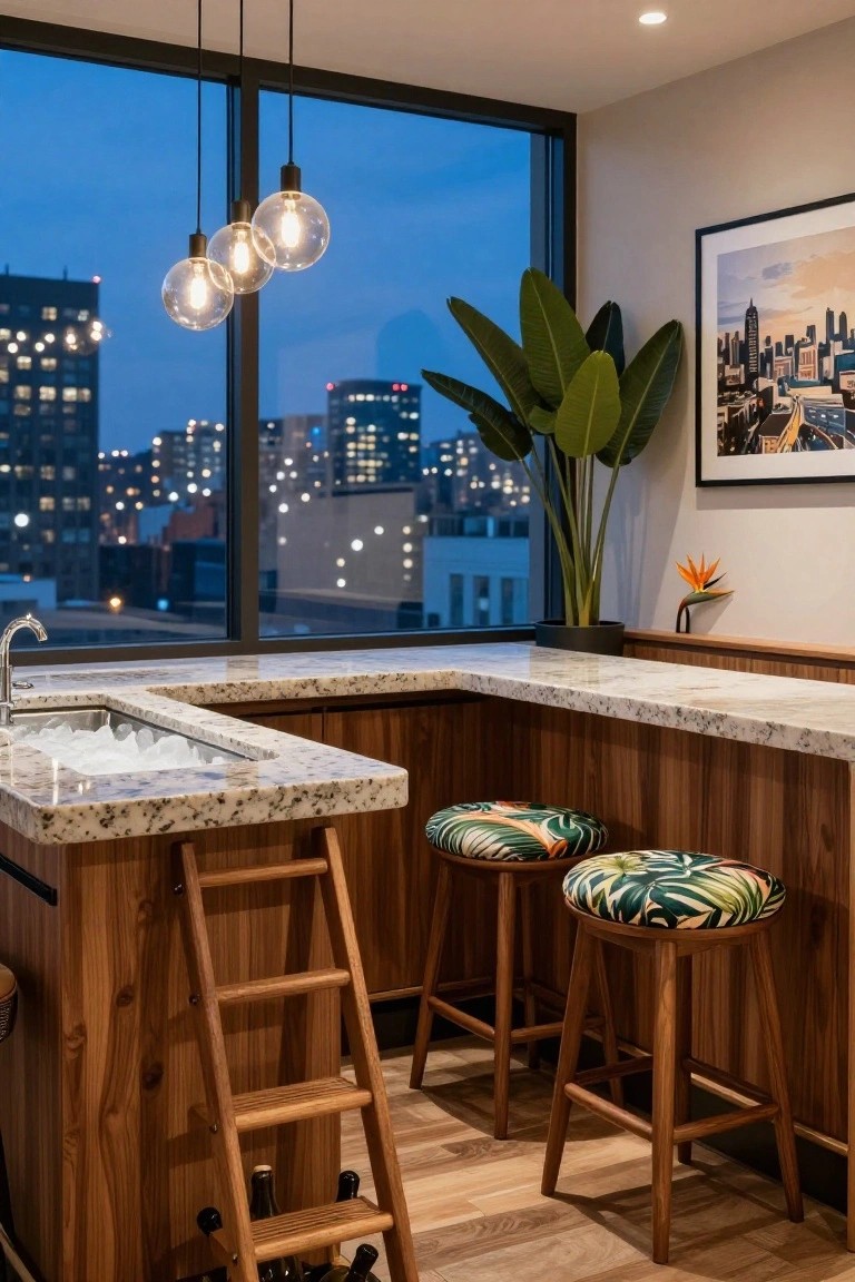 Corner bar counter with granite top, two green patterned stools, wooden ladder racked with wine bottles, pendant lights, potted plants, and city view through large windows at dusk.