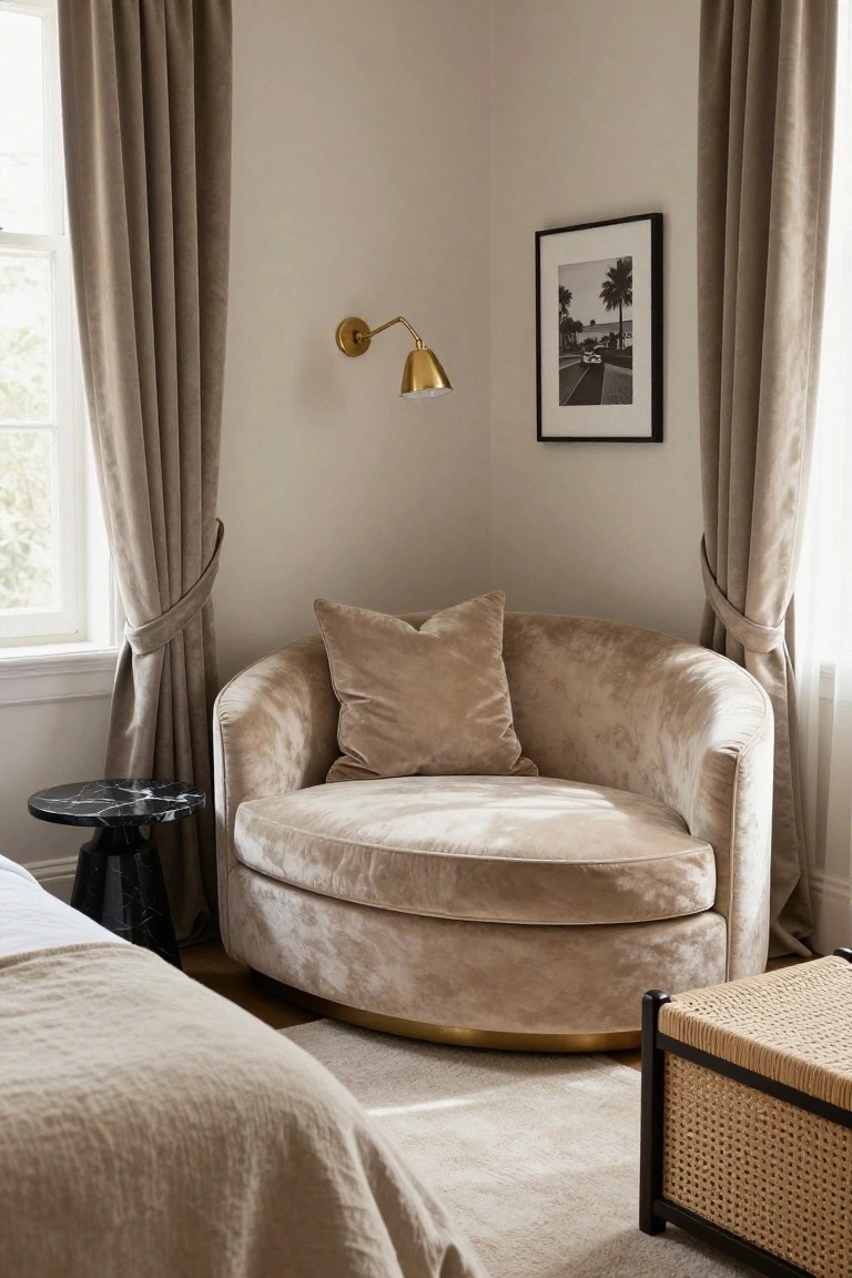 Corner of a light beige bedroom with a round beige velvet armchair with pillows, black marble side table, gold wall sconce and lamp shade, black-framed photo of palm trees and road, beige curtains on two windows, bed with white linens, and rattan bench.