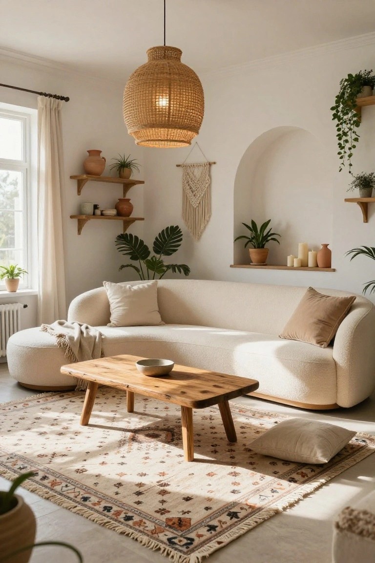 A curved cream bouclé sofa in a white living room with arched niche, wooden floating shelves holding plants and ceramics, rattan pendant light, wooden coffee table, beige rug, and potted plants.