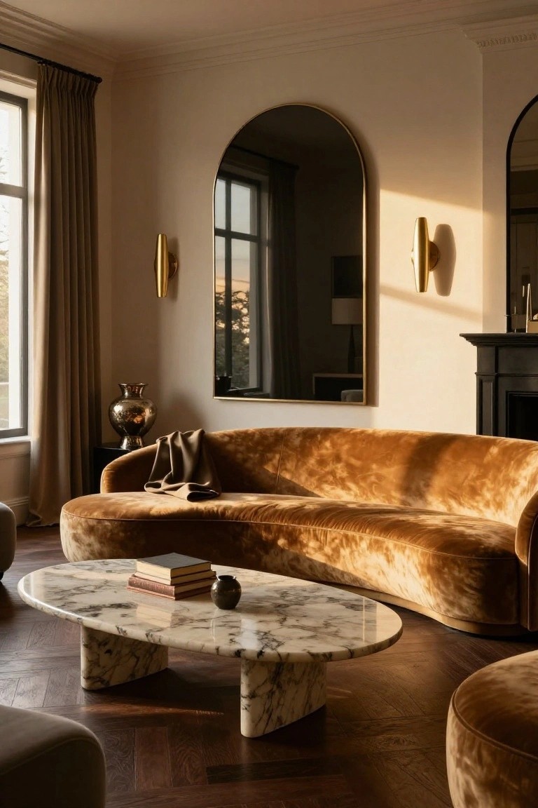 A living room with a large curved burnt orange velvet sofa, oval white marble coffee table, tall gold arched mirror, beige walls, wooden herringbone floor, bronze vase, and draped throw.