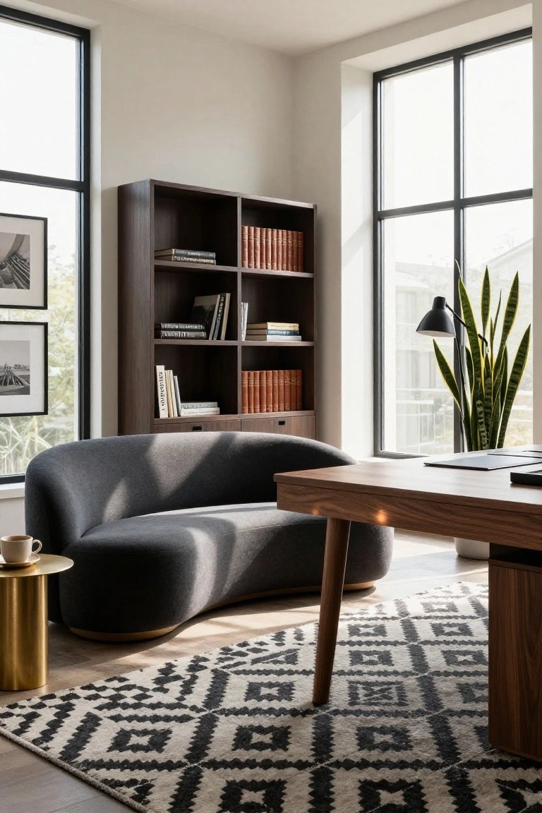 Modern home office with curved gray sofa next to wooden desk, dark wood bookshelves filled with books, large windows, potted snake plant, and black-and-white rug.