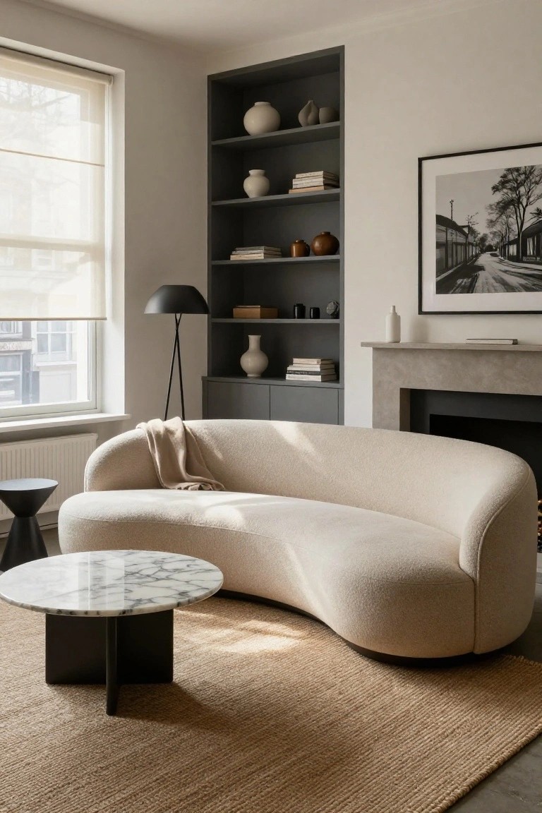 A curved cream upholstered sofa sits in a light beige living room with gray built-in shelves, a round marble coffee table on black base, arc floor lamp, fireplace, and window with sheer blinds.