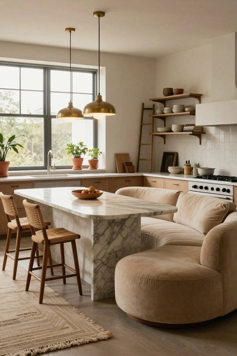 A modern kitchen with light wood cabinets, white marble island topped with fruit bowl and rattan stools, curved beige velvet sofa adjacent to the island, plants on counters and windowsill, brass pendant lights, and open shelving.