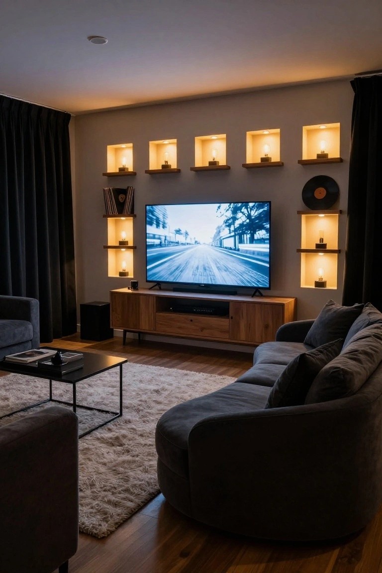 Modern living room with a large curved gray sofa, wooden media console under a wall-mounted TV, built-in niche wall lights, and black curtains.
