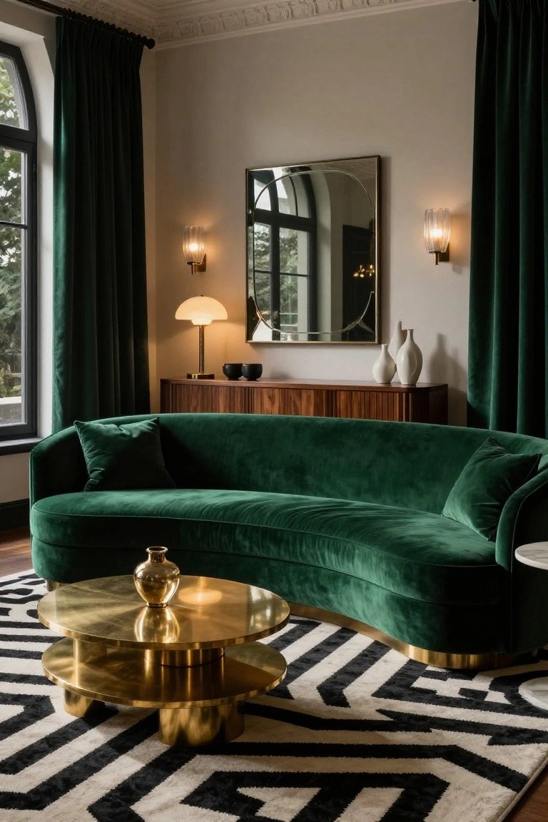 Curved emerald green velvet sofa in a living room with green velvet curtains, wooden credenza, gold coffee table on black and white rug, mirror, lamps, and arched window.
