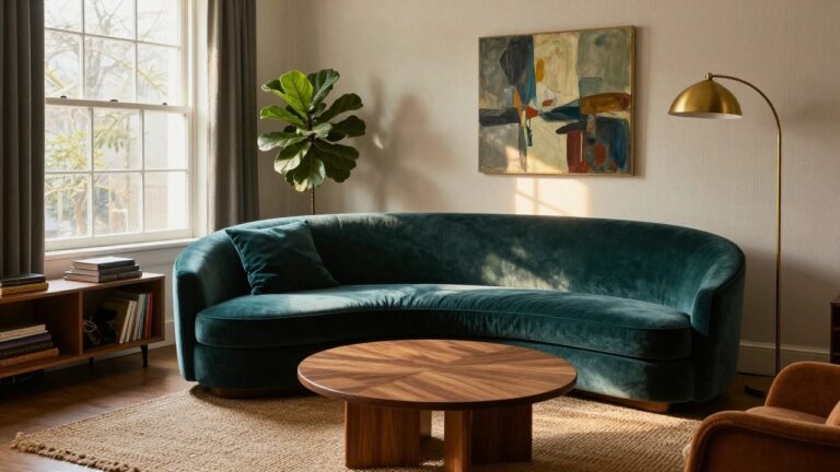 Bright living room with deep teal velvet three-seater sofa, matching armchair, round wooden coffee table on seagrass rug, fiddle leaf fig plant in terracotta pot, wooden bookshelf with books, abstract painting, golden arched floor lamp, and sheer curtained window.