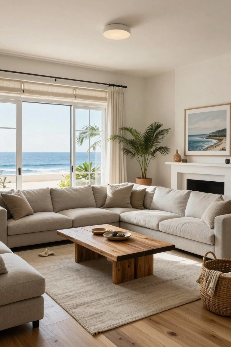 Light-filled living room with large cream L-shaped sofa, low wooden coffee table, beige rug, potted palm, fireplace, and large windows showing beach and ocean view.