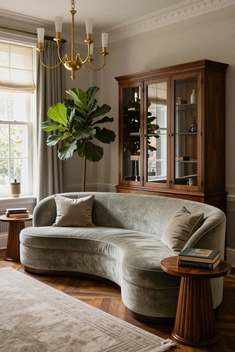 A living room with a curved sage green velvet sofa, wooden pedestal side tables holding books, a tall fiddle leaf fig plant, a wooden glass-door cabinet, and a brass chandelier near a window with sheer curtains over herringbone wood floors.