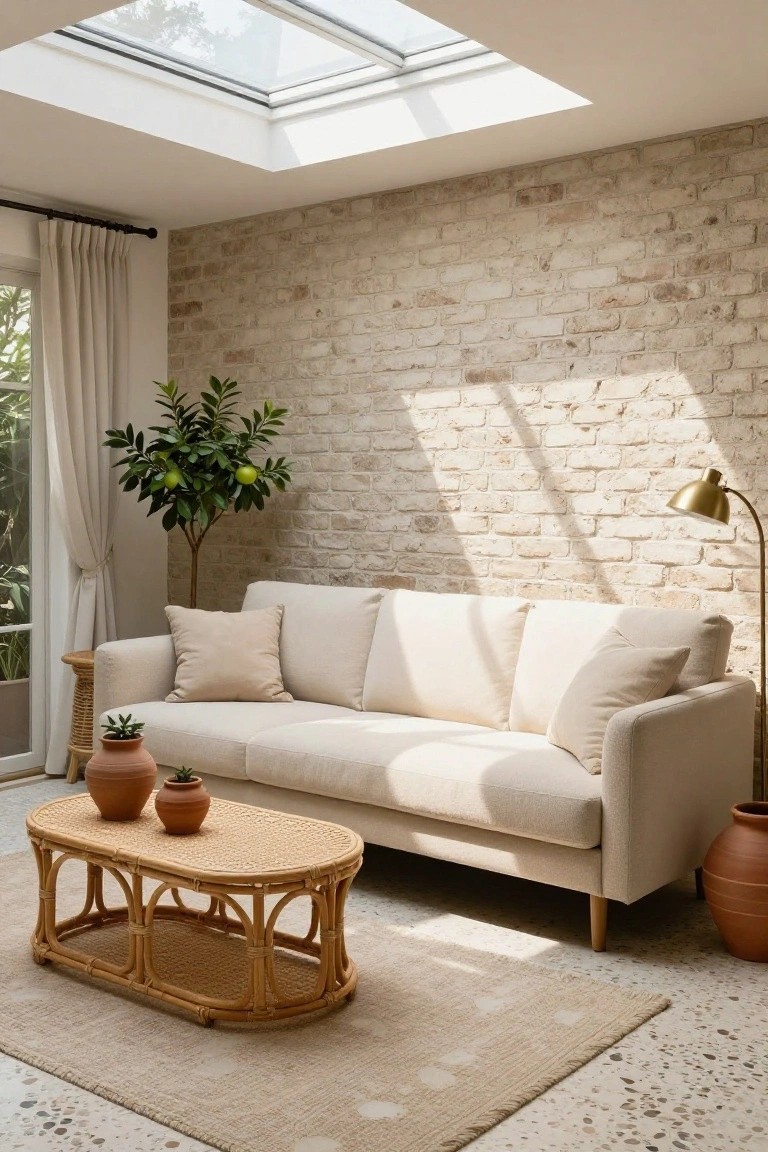 Living room with pale beige curved fabric sofa, oval rattan coffee table, terracotta pots with succulents, tall lemon tree, exposed brick wall, sheer curtains on glass door, brass arc lamp, and beige rug on terrazzo floor under skylight.