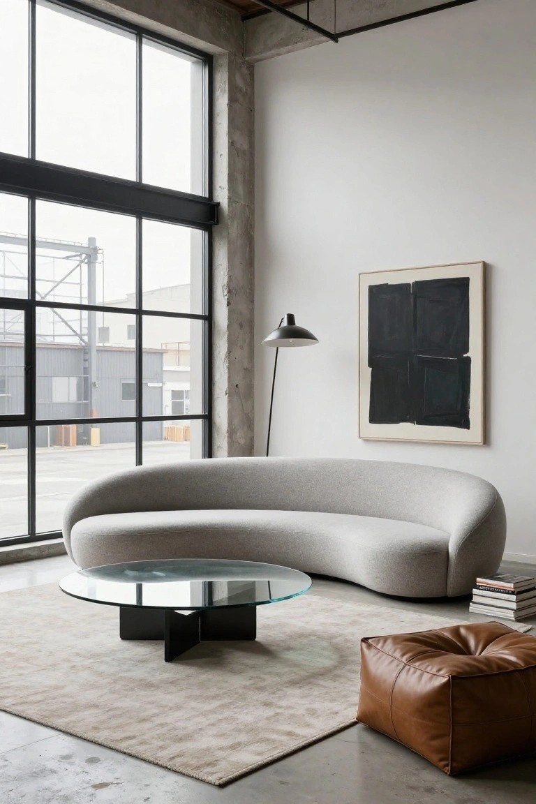 Loft living room with large curved light gray sofa, round glass coffee table on black metal base, brown leather cube ottoman, black floor lamp, abstract black painting on white wall, and tall black-framed windows showing industrial exterior.